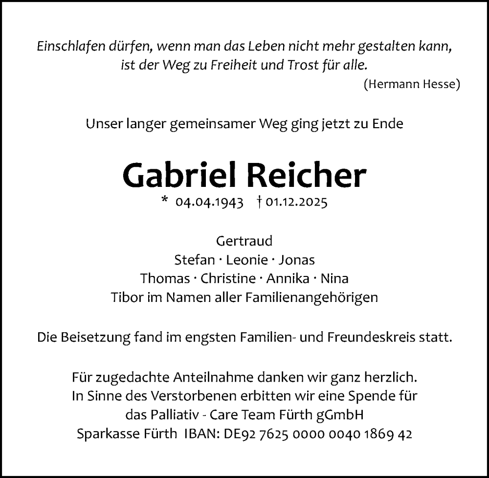  Traueranzeige für Gabriel Reicher vom 20.12.2025 aus Gesamtausgabe Nürnberger Nachrichten/ Nürnberger Ztg./ Fürther Nachrichten
