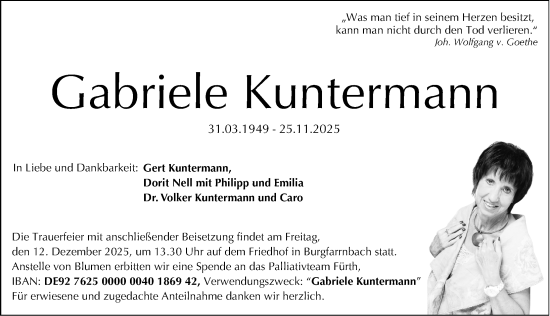 Traueranzeige von Gabriele Kuntermann von Fürther Nachrichten Lokal