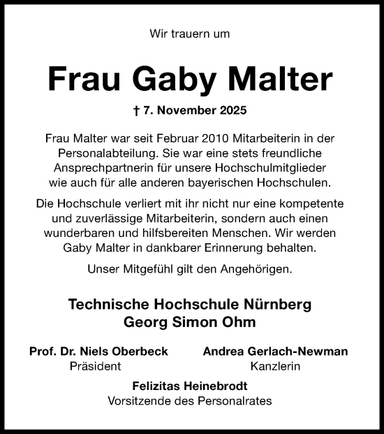 Traueranzeige von Gaby Malter von Gesamtausgabe Nürnberger Nachrichten/ Nürnberger Ztg.