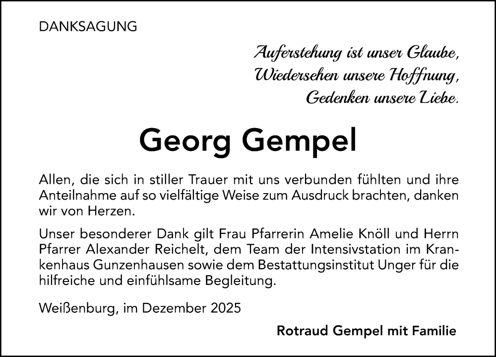  Traueranzeige für Georg Gempel vom 20.12.2025 aus Altmühl-Bote Lokal