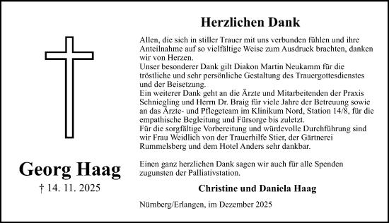 Traueranzeige von Georg Haag von Gesamtausgabe Nürnberger Nachrichten/ Nürnberger Ztg.