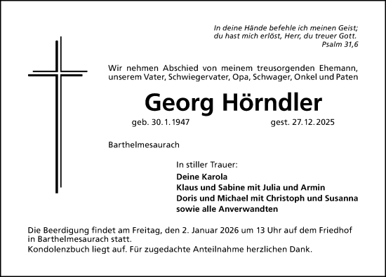 Traueranzeige von Georg Hörndler von Schwabacher Tagblatt Lokal