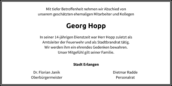 Traueranzeige von Georg Hopp von Erlanger Nachrichten Lokal