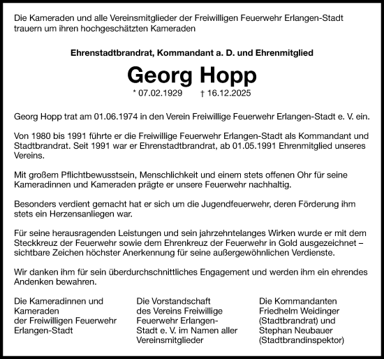 Traueranzeige von Georg Hopp von Erlanger Nachrichten Lokal