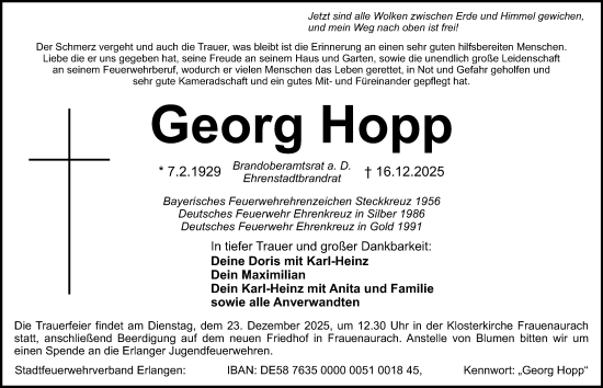 Traueranzeige von Georg Hopp von Erlanger Nachrichten Lokal
