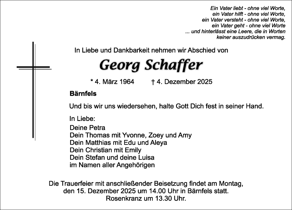  Traueranzeige für Georg Schaffer vom 13.12.2025 aus Nordbayer. Nachrichten Pegnitz/ Nordbayer. Nachrichten Forchheim