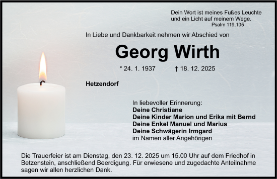 Traueranzeige von Georg Wirth von Nordbayerische Nachrichten Pegnitz Lokal
