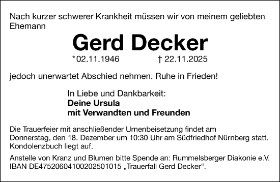 Traueranzeige von Gerd Decker von Gesamtausgabe Nürnberger Nachrichten/ Nürnberger Ztg.