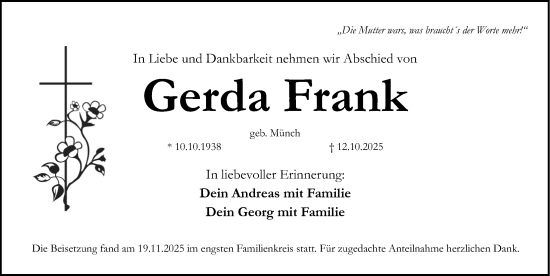 Traueranzeige von Gerda Frank von Erlanger Nachrichten Lokal