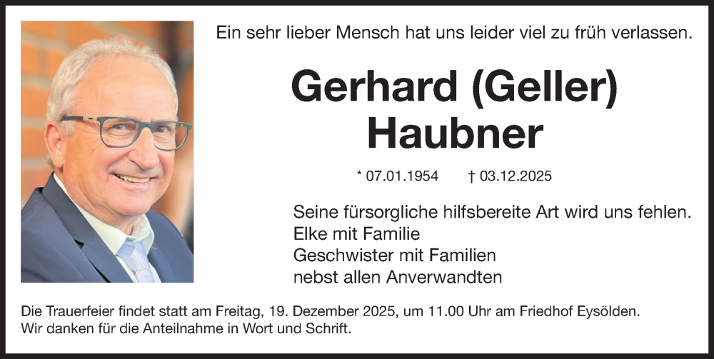  Traueranzeige für Gerhard Haubner vom 13.12.2025 aus Roth-Hilpoltsteiner Volkszeitung Lokal