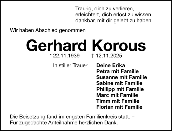 Traueranzeige von Gerhard Korous von Gesamtausgabe Nürnberger Nachrichten/ Nürnberger Ztg.