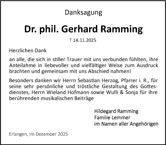 Traueranzeige von Gerhard Ramming von Erlanger Nachrichten Lokal
