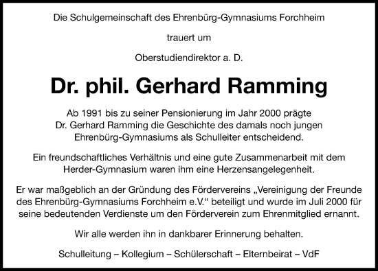 Traueranzeige von Gerhard Ramming von Nordbayerische Nachrichten Forchheim Lokal