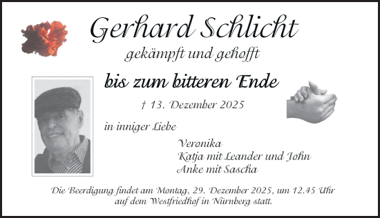Traueranzeige von Gerhard Schlicht von Gesamtausgabe Nürnberger Nachrichten/ Nürnberger Ztg.