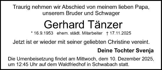 Traueranzeige von Gerhard Tänzer von Gesamtausgabe Nürnberger Nachrichten/ Nürnberger Ztg.