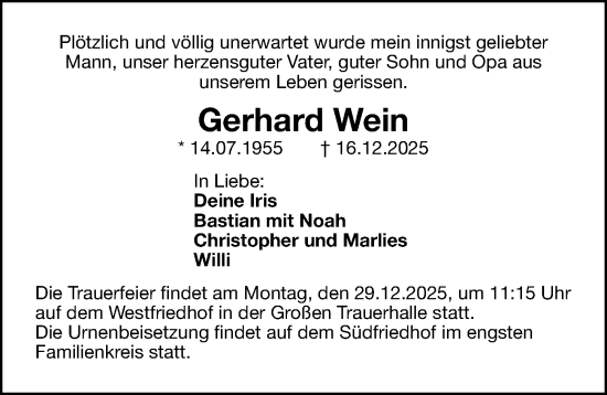 Traueranzeige von Gerhard Wein von Gesamtausgabe Nürnberger Nachrichten/ Nürnberger Ztg.