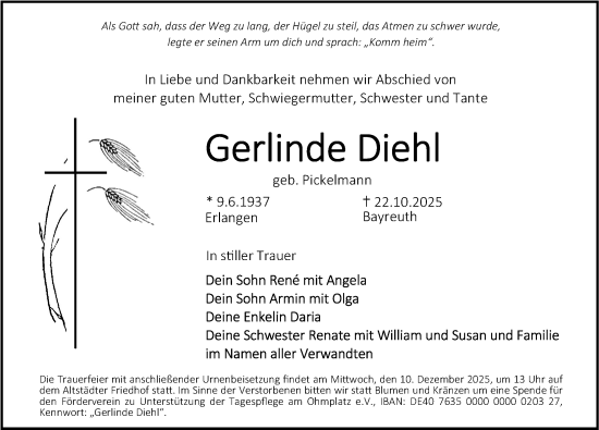 Traueranzeige von Gerlinde Diehl von Erlanger Nachrichten Lokal