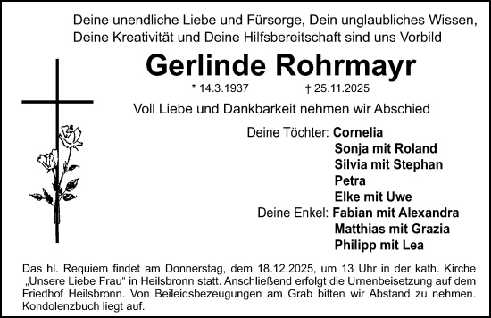 Traueranzeige von Gerlinde Rohrmayr von Gesamtausgabe Nürnberger Nachrichten/ Nürnberger Ztg.