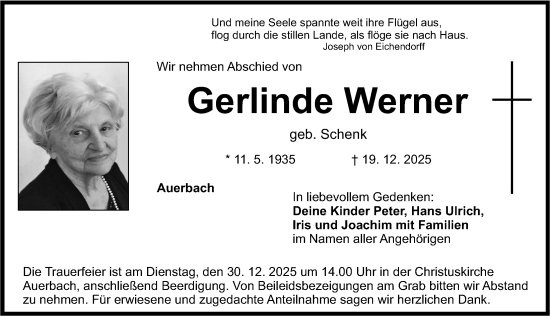 Traueranzeige von Gerlinde Werner von Nordbayerische Nachrichten Pegnitz Lokal