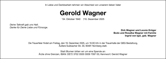 Traueranzeige von Gerold Wagner von Gesamtausgabe Nürnberger Nachrichten/ Nürnberger Ztg.
