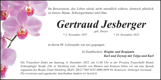 Traueranzeige von Gertraud Jesberger von Gesamtausgabe Nürnberger Nachrichten/ Nürnberger Ztg.