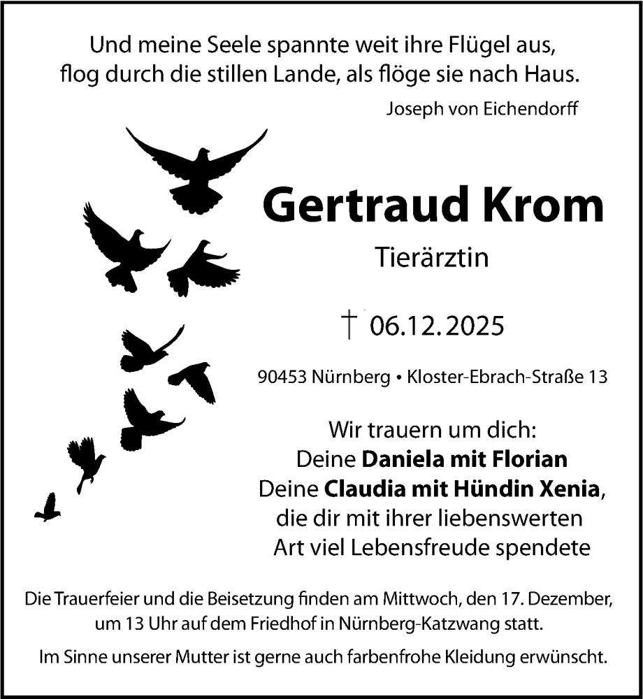  Traueranzeige für Gertraud Krom vom 13.12.2025 aus Gesamtausgabe Nürnberger Nachrichten/ Nürnberger Ztg.