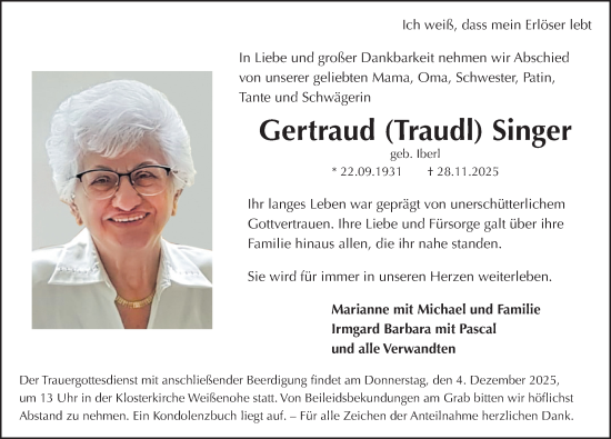 Traueranzeige von Gertraud  Singer von Nordbayerische Nachrichten Forchheim Lokal