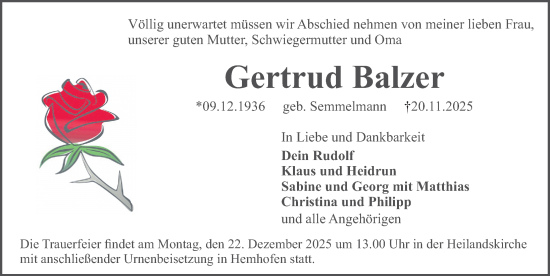 Traueranzeige von Gertrud Balzer von Gesamtausgabe Nürnberger Nachrichten/ Nürnberger Ztg.