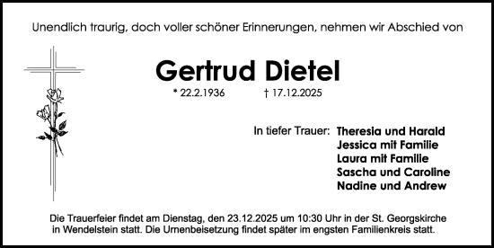 Traueranzeige von Gertrud Dietel von Schwabacher Tagblatt Lokal