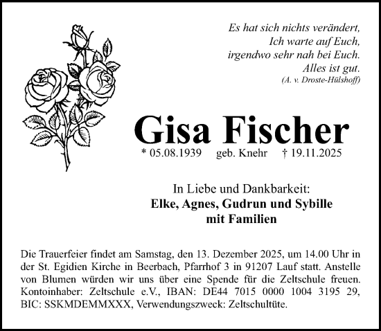 Traueranzeige von Gisa Fischer von Gesamtausgabe Nürnberger Nachrichten/ Nürnberger Ztg.