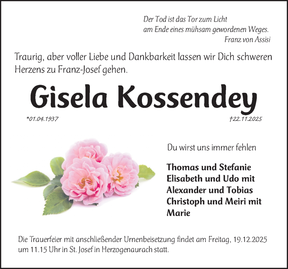  Traueranzeige für Gisela Kossendey vom 06.12.2025 aus Gesamtausgabe Nürnberger Nachrichten/ Nürnberger Ztg.