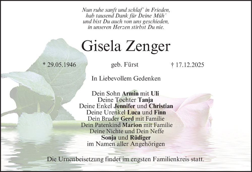  Traueranzeige für Gisela Zenger vom 20.12.2025 aus Erlanger Nachrichten Lokal