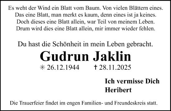 Traueranzeige von Gudrun Jaklin von Erlanger Nachrichten Lokal