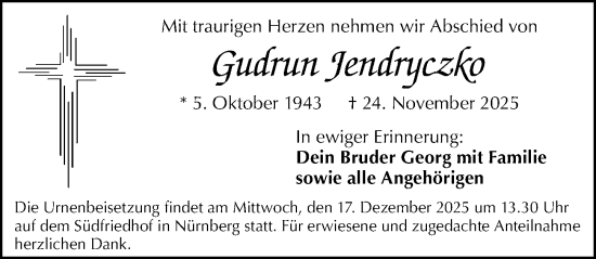 Traueranzeige von Gudrun Jendryczko von Gesamtausgabe Nürnberger Nachrichten/ Nürnberger Ztg.