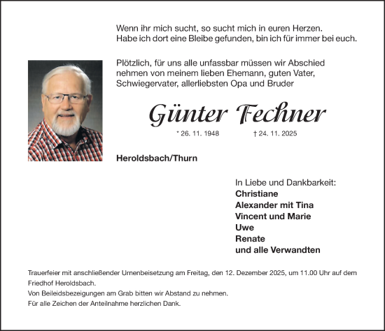 Traueranzeige von Günter Fechner von Nordbayerische Nachrichten Forchheim Lokal