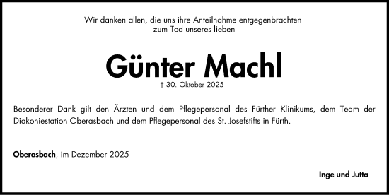 Traueranzeige von Günter Machl von Gesamtausgabe Nürnberger Nachrichten/ Nürnberger Ztg./ Fürther Nachrichten