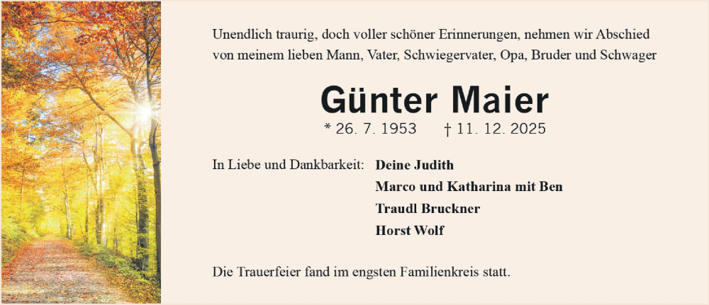  Traueranzeige für Günter Maier vom 20.12.2025 aus Gesamtausgabe Nürnberger Nachrichten/ Nürnberger Ztg.