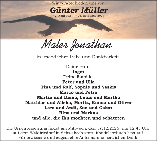 Traueranzeige von Günter Müller von Gesamtausgabe Nürnberger Nachrichten/ Nürnberger Ztg.