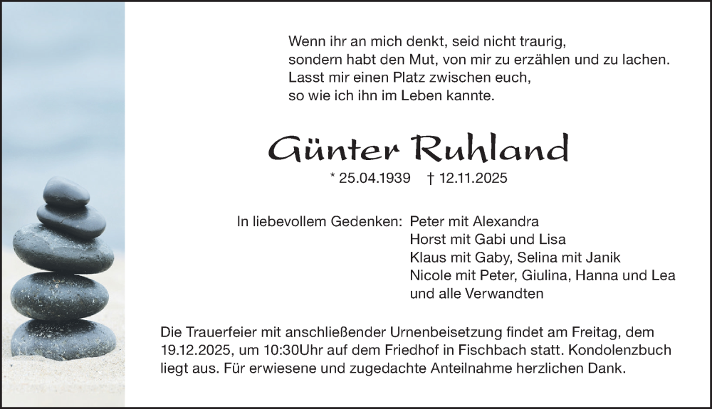  Traueranzeige für Günter Ruhland vom 13.12.2025 aus Gesamtausgabe Nürnberger Nachrichten/ Nürnberger Ztg.