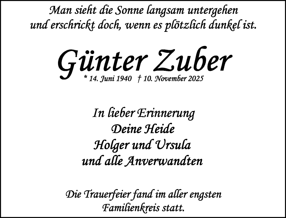  Traueranzeige für Günter Zuber vom 13.12.2025 aus Gesamtausgabe Nürnberger Nachrichten/ Nürnberger Ztg.