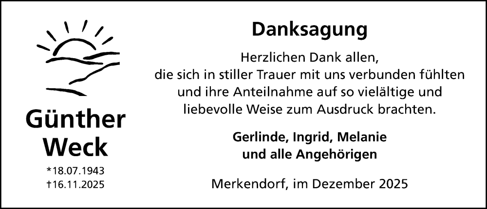  Traueranzeige für Günther Weck vom 13.12.2025 aus Altmühl-Bote Lokal