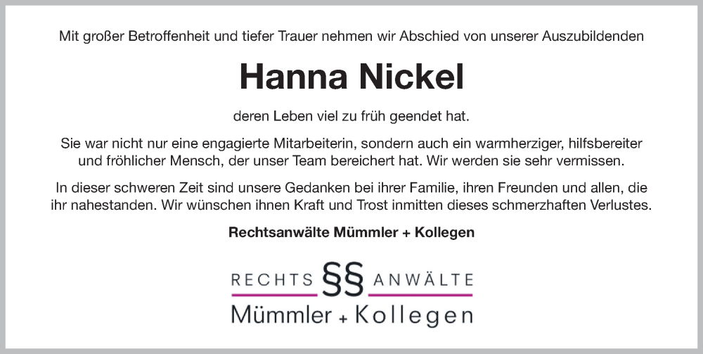  Traueranzeige für Hanna Nickel vom 04.12.2025 aus Neumarkter Nachrichten Lokal