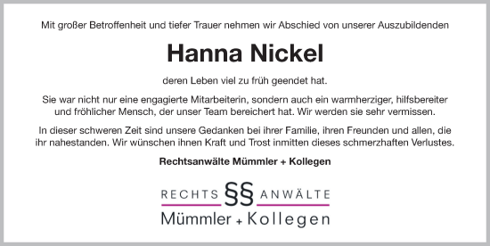 Traueranzeige von Hanna Nickel von Neumarkter Nachrichten Lokal