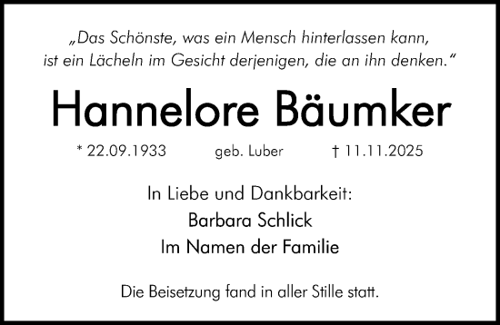 Traueranzeige von Hannelore Bäumker von Gesamtausgabe Nürnberger Nachrichten/ Nürnberger Ztg.