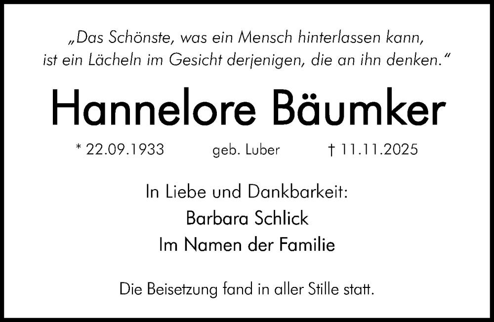  Traueranzeige für Hannelore Bäumker vom 13.12.2025 aus Gesamtausgabe Nürnberger Nachrichten/ Nürnberger Ztg.