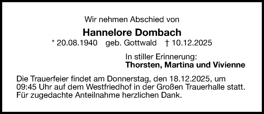  Traueranzeige für Hannelore Dombach vom 16.12.2025 aus Gesamtausgabe Nürnberger Nachrichten/ Nürnberger Ztg.