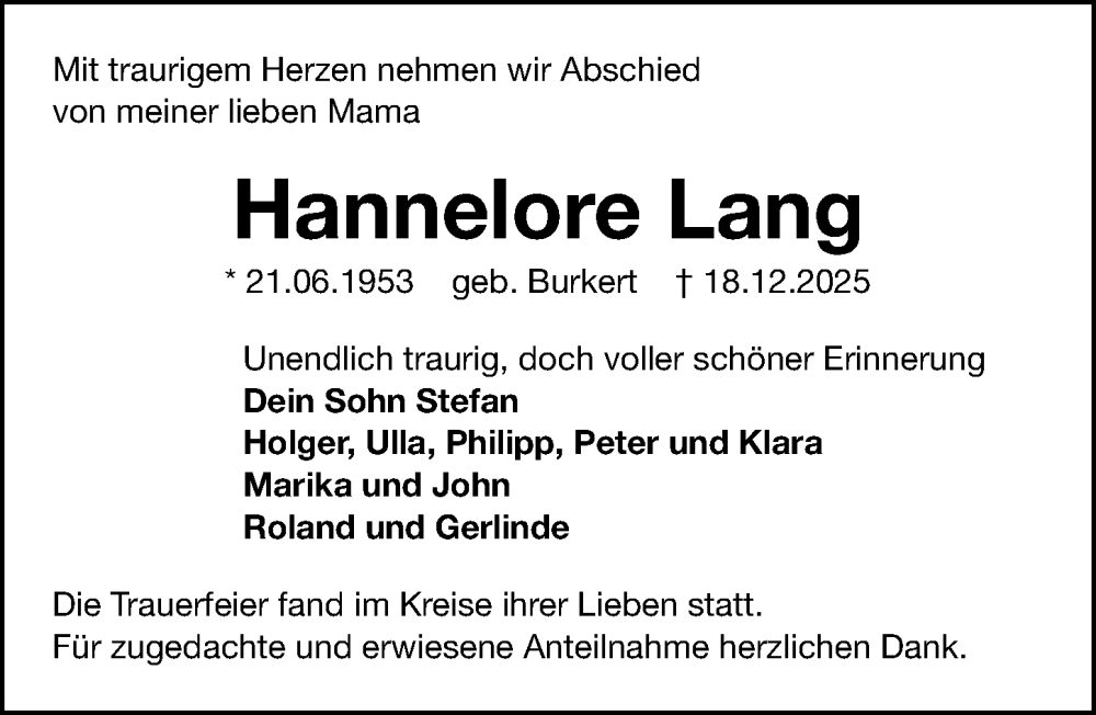  Traueranzeige für Hannelore Lang vom 31.12.2025 aus Gesamtausgabe Nürnberger Nachrichten/ Nürnberger Ztg.