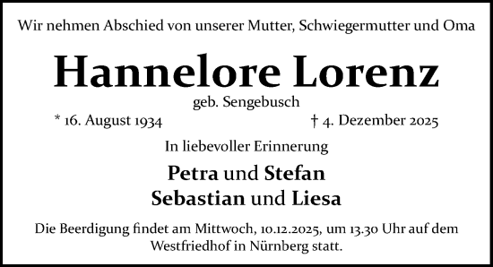 Traueranzeige von Hannelore Lorenz von Gesamtausgabe Nürnberger Nachrichten/ Nürnberger Ztg.