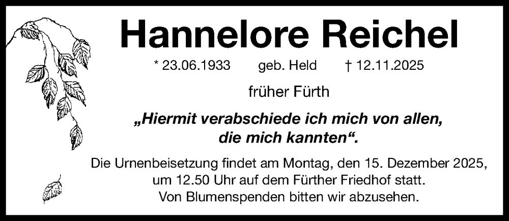  Traueranzeige für Hannelore Reichel vom 10.12.2025 aus Fürther Nachrichten Lokal