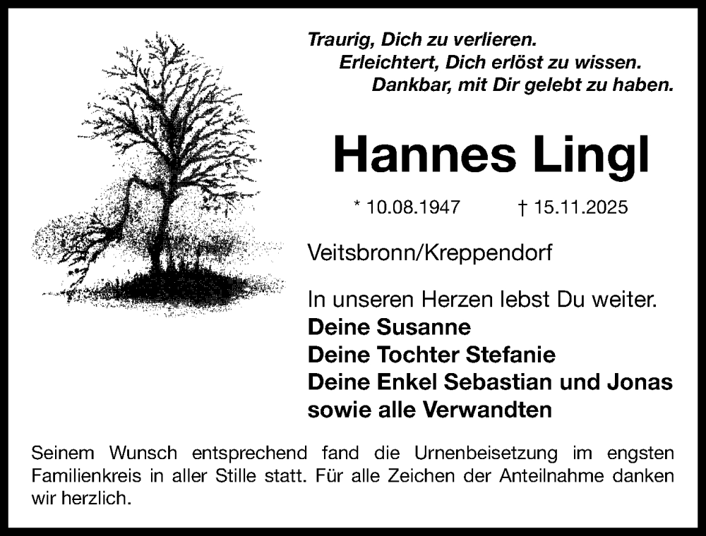  Traueranzeige für Hannes Lingl vom 13.12.2025 aus Fürther Nachrichten Lokal